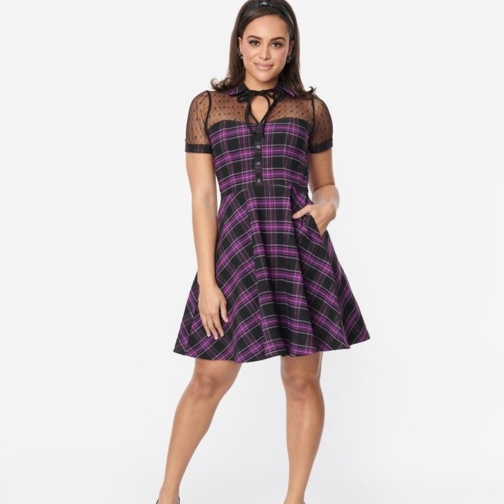 Unique Vintage Black and Purple A-Line Midi Dress